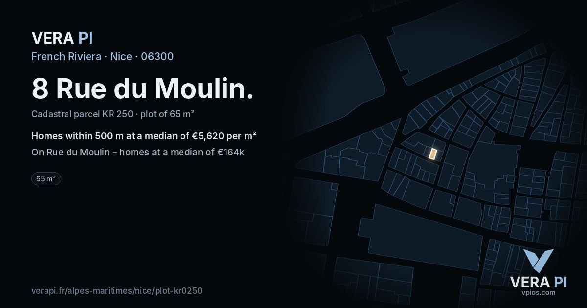 8 Rue du Moulin, Nice at night – the plot lit, the parcels around coloured by the prices near them