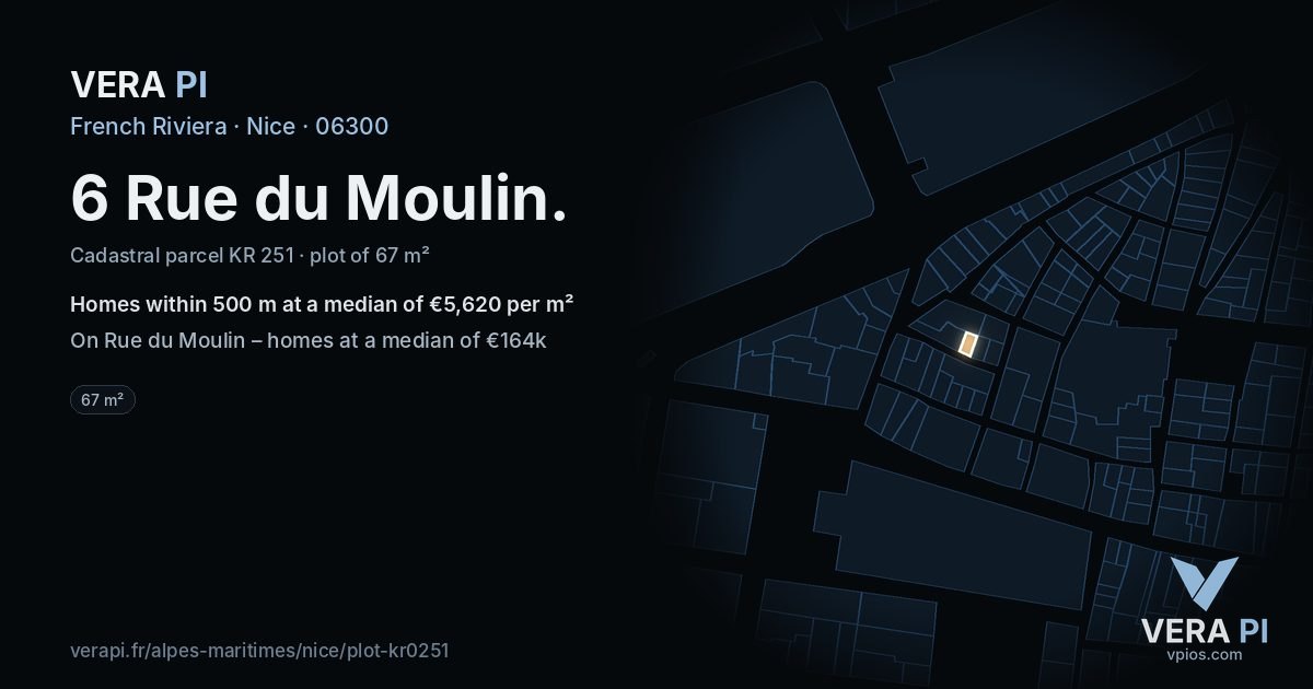 6 Rue du Moulin, Nice at night – the plot lit, the parcels around coloured by the prices near them