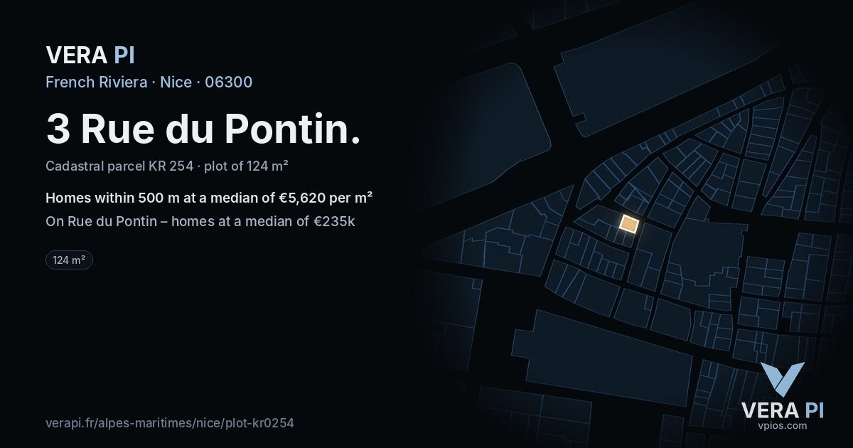 3 Rue du Pontin, Nice at night – the plot lit, the parcels around coloured by the prices near them