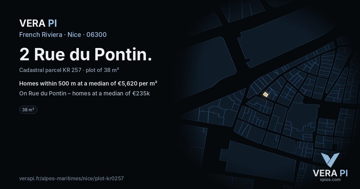 2 Rue du Pontin, Nice at night – the plot lit, the parcels around coloured by the prices near them