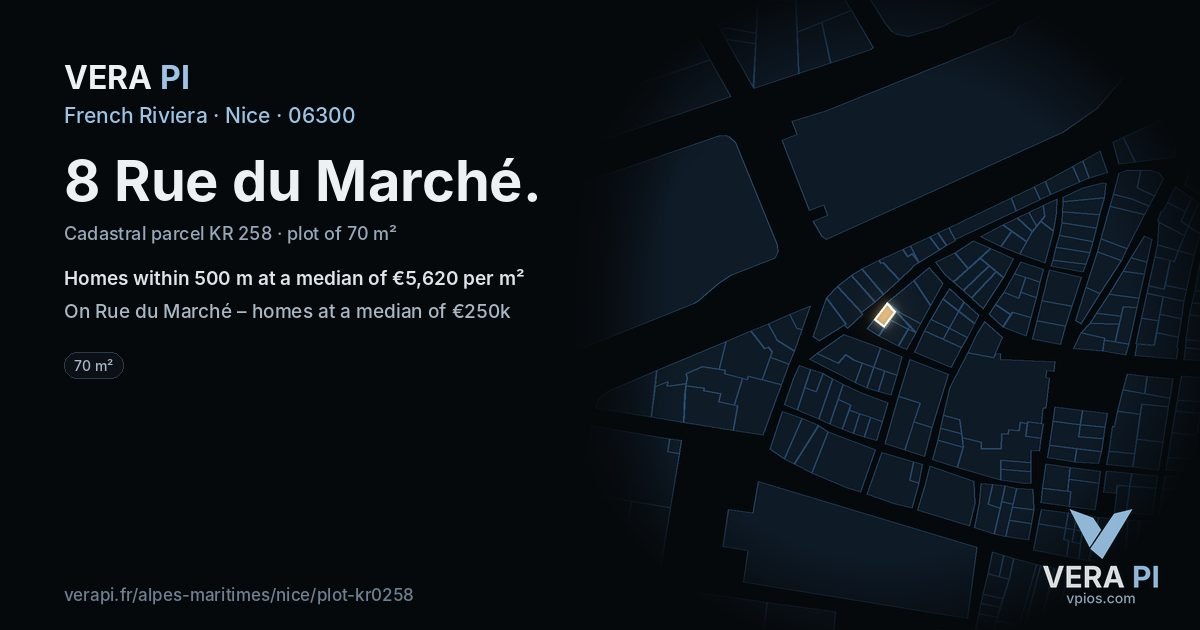 8 Rue du Marché, Nice at night – the plot lit, the parcels around coloured by the prices near them
