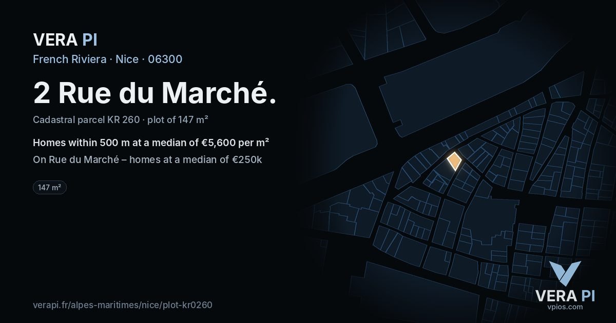 2 Rue du Marché, Nice at night – the plot lit, the parcels around coloured by the prices near them