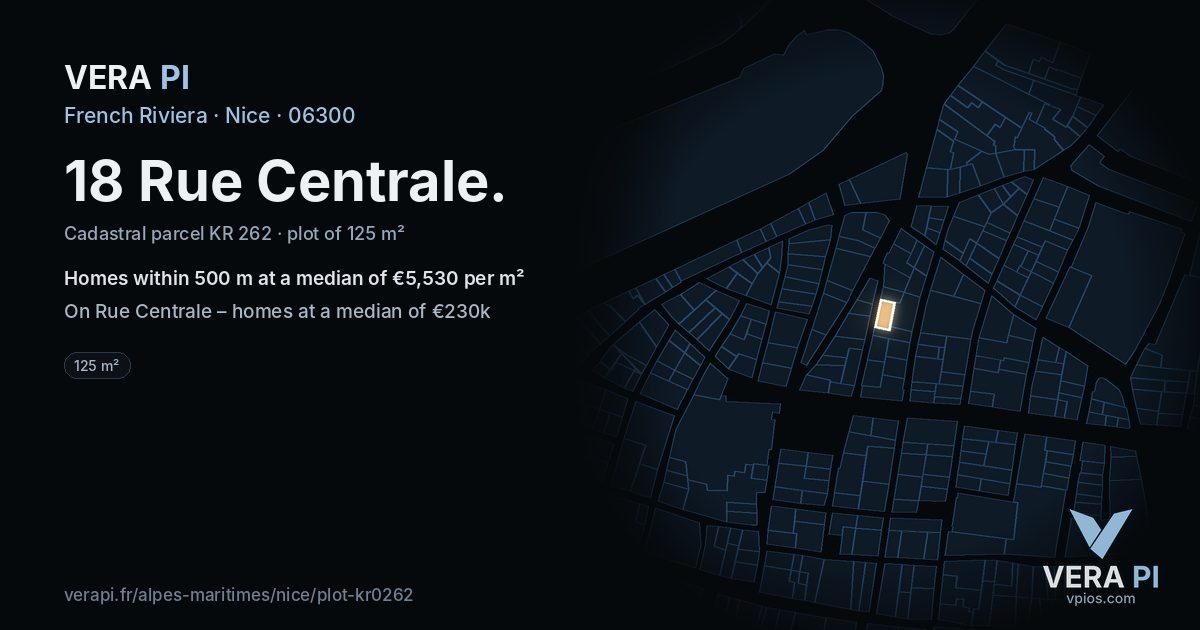 18 Rue Centrale, Nice at night – the plot lit, the parcels around coloured by the prices near them