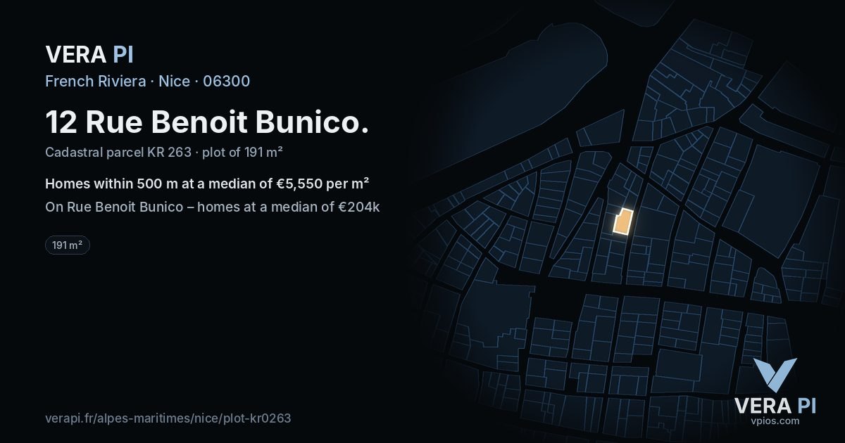12 Rue Benoit Bunico, Nice at night – the plot lit, the parcels around coloured by the prices near them