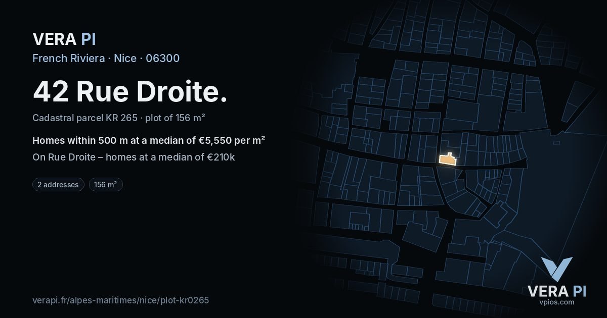 42 Rue Droite, Nice at night – the plot lit, the parcels around coloured by the prices near them