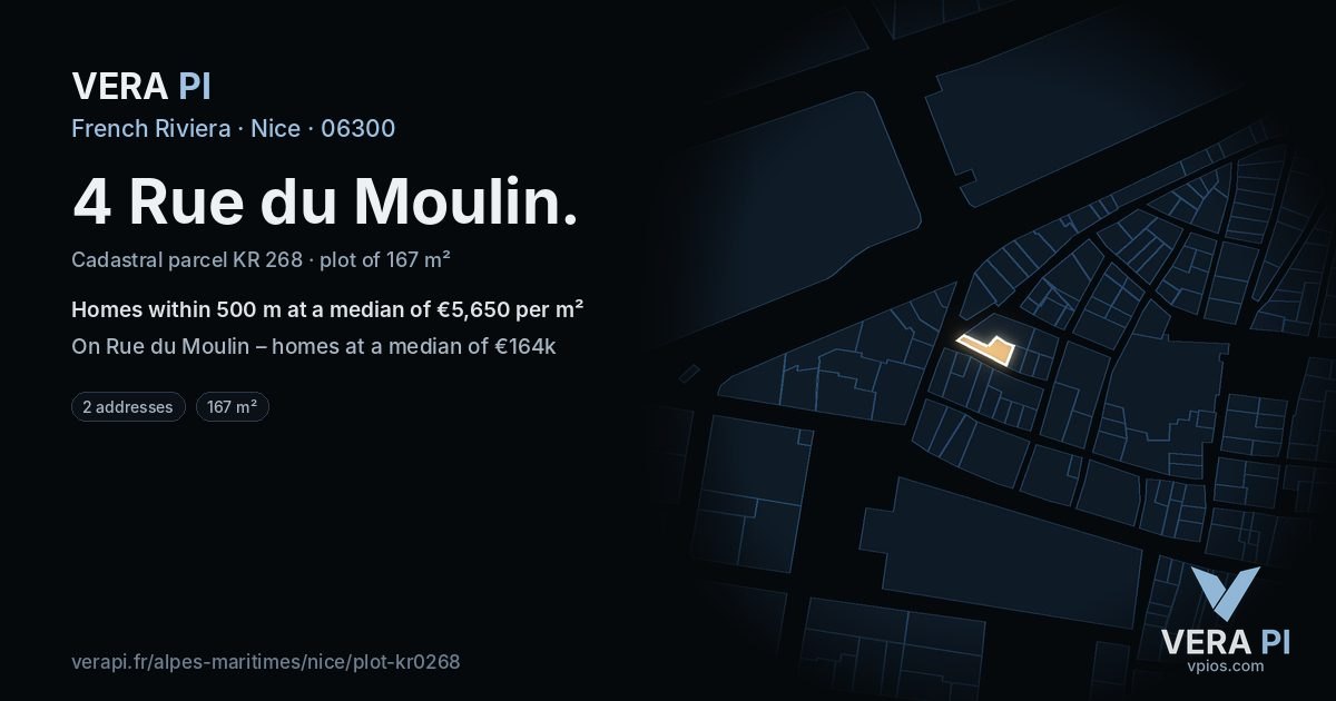 4 Rue du Moulin, Nice at night – the plot lit, the parcels around coloured by the prices near them
