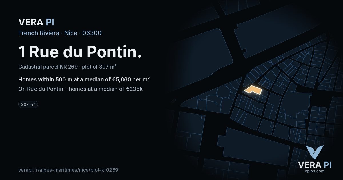 1 Rue du Pontin, Nice at night – the plot lit, the parcels around coloured by the prices near them