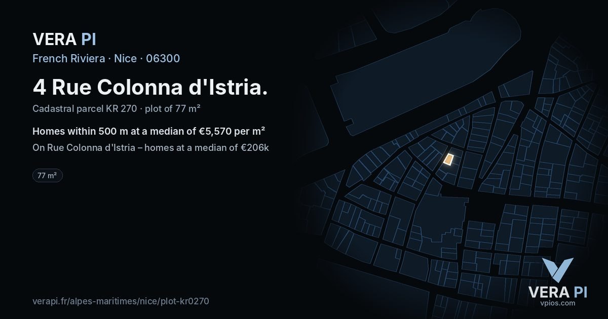 4 Rue Colonna d'Istria, Nice at night – the plot lit, the parcels around coloured by the prices near them