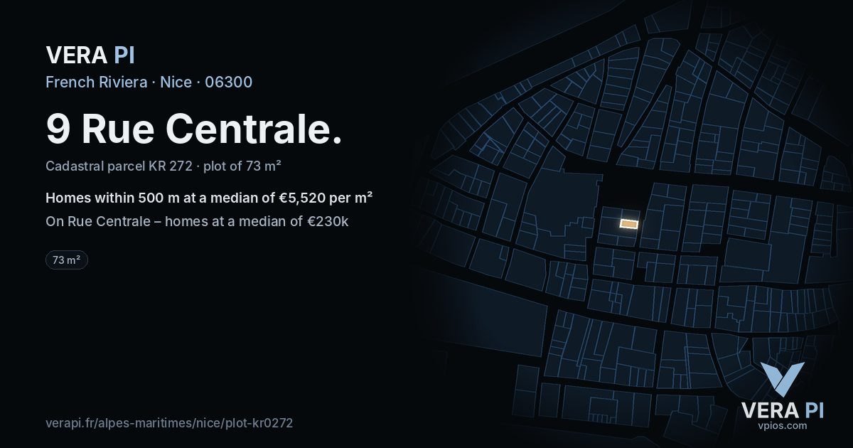 9 Rue Centrale, Nice at night – the plot lit, the parcels around coloured by the prices near them