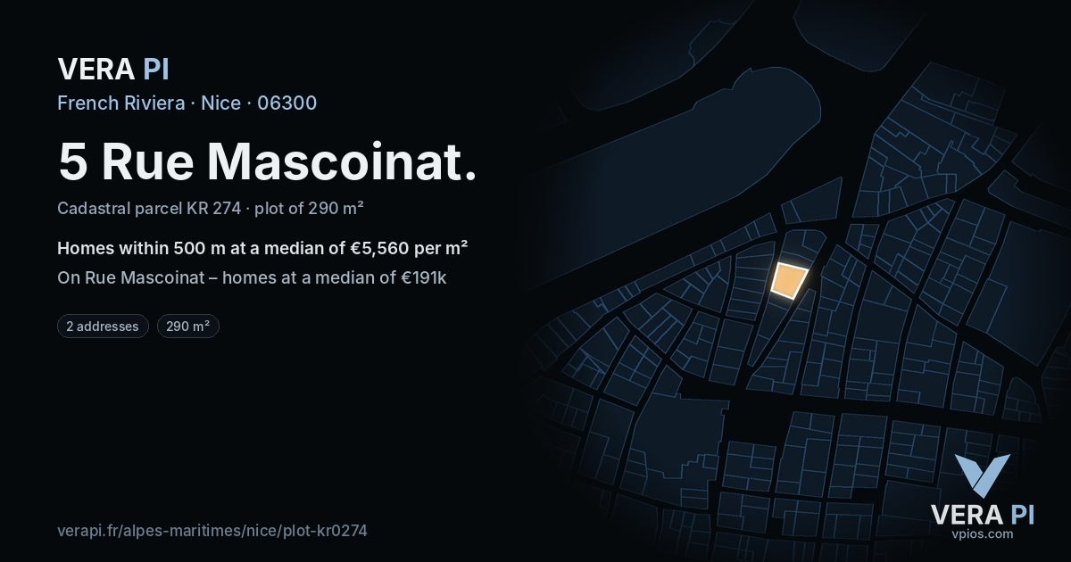 5 Rue Mascoinat, Nice at night – the plot lit, the parcels around coloured by the prices near them