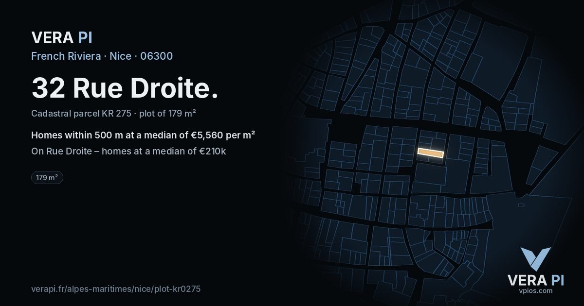 32 Rue Droite, Nice at night – the plot lit, the parcels around coloured by the prices near them