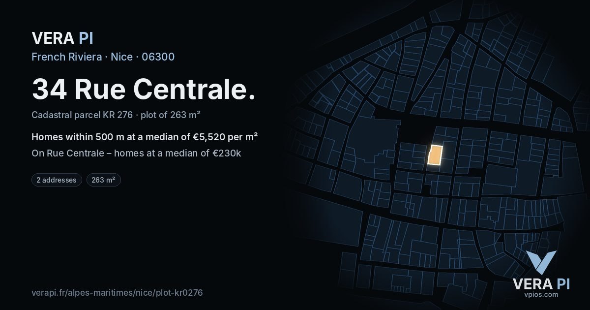 34 Rue Centrale, Nice at night – the plot lit, the parcels around coloured by the prices near them