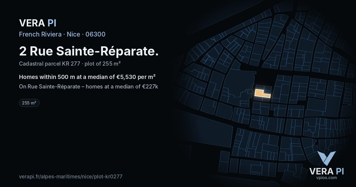 2 Rue Sainte-Réparate, Nice at night – the plot lit, the parcels around coloured by the prices near them