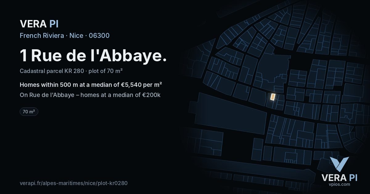 1 Rue de l'Abbaye, Nice at night – the plot lit, the parcels around coloured by the prices near them