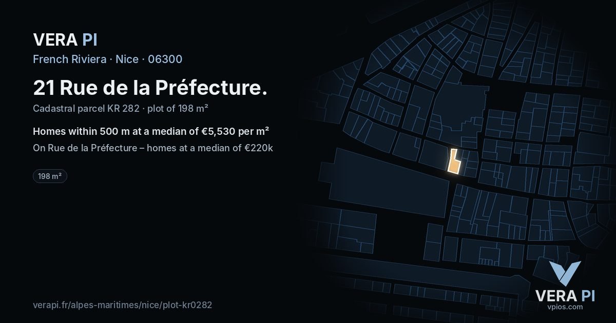 21 Rue de la Préfecture, Nice at night – the plot lit, the parcels around coloured by the prices near them