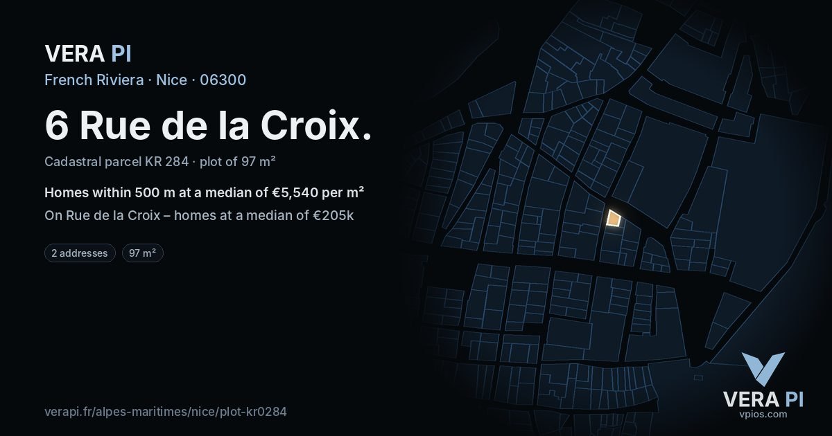 6 Rue de la Croix, Nice at night – the plot lit, the parcels around coloured by the prices near them