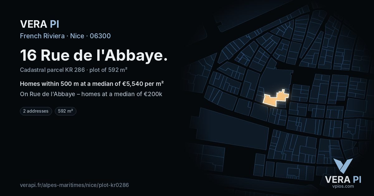 16 Rue de l'Abbaye, Nice at night – the plot lit, the parcels around coloured by the prices near them