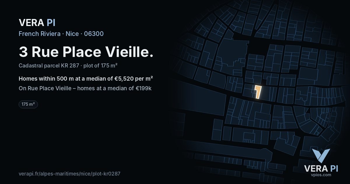 3 Rue Place Vieille, Nice at night – the plot lit, the parcels around coloured by the prices near them