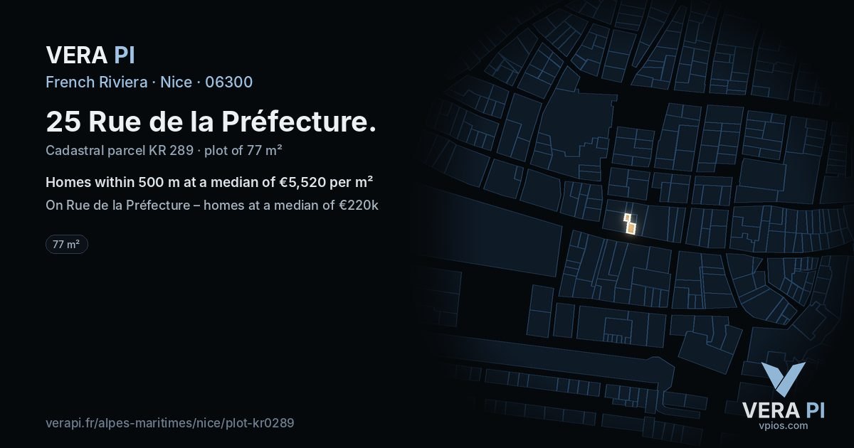 25 Rue de la Préfecture, Nice at night – the plot lit, the parcels around coloured by the prices near them