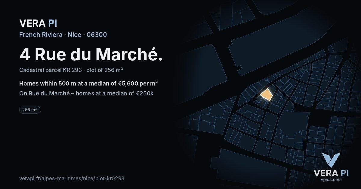 4 Rue du Marché, Nice at night – the plot lit, the parcels around coloured by the prices near them