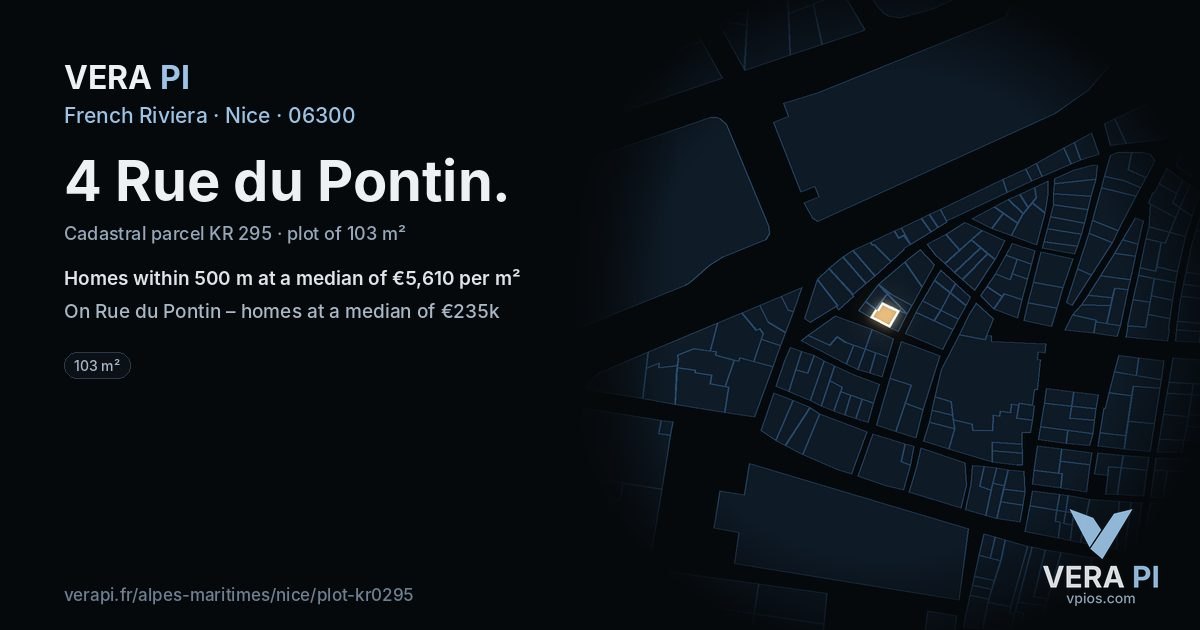 4 Rue du Pontin, Nice at night – the plot lit, the parcels around coloured by the prices near them