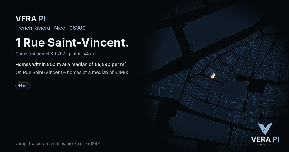 1 Rue Saint-Vincent, Nice at night – the plot lit, the parcels around coloured by the prices near them