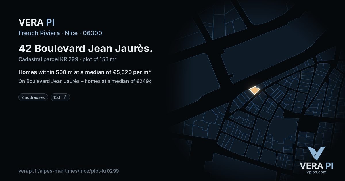 42 Boulevard Jean Jaurès, Nice at night – the plot lit, the parcels around coloured by the prices near them