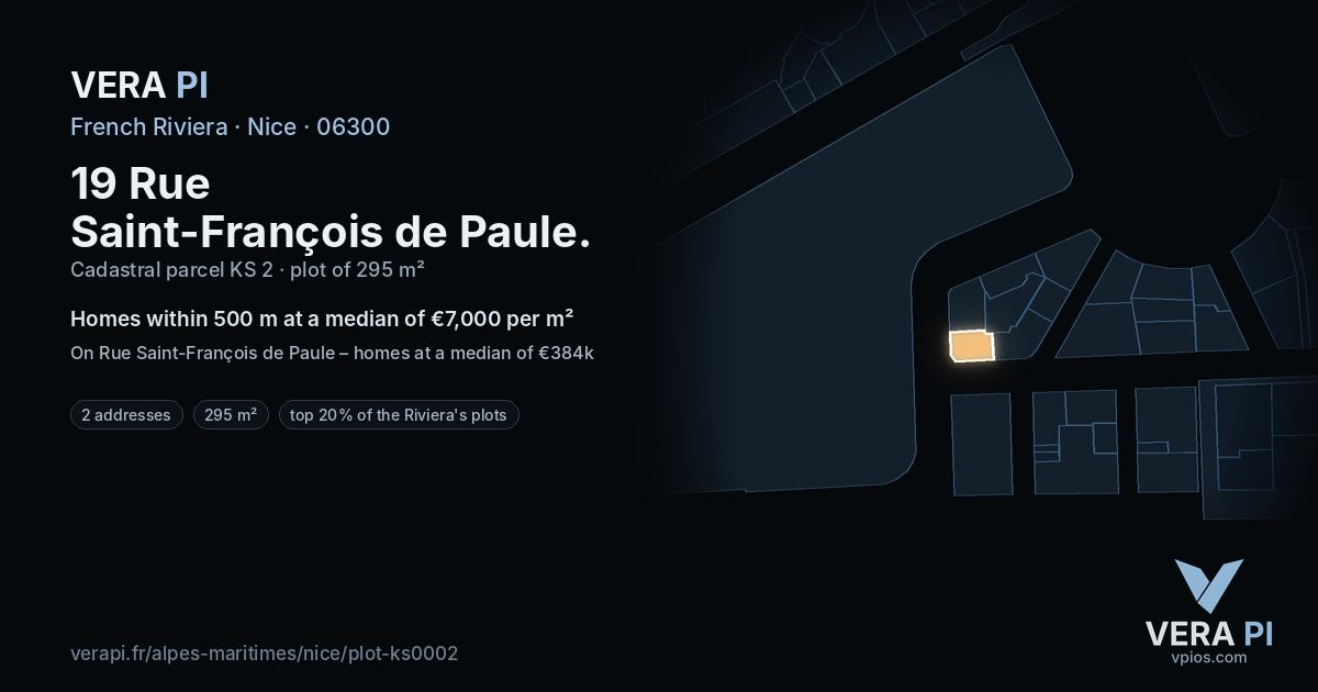 19 Rue Saint-François de Paule, Nice at night – the plot lit, the parcels around coloured by the prices near them