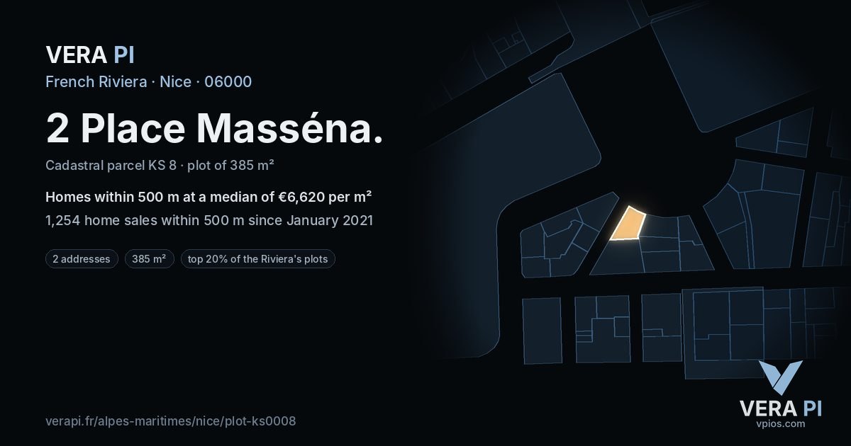 2 Place Masséna, Nice at night – the plot lit, the parcels around coloured by the prices near them
