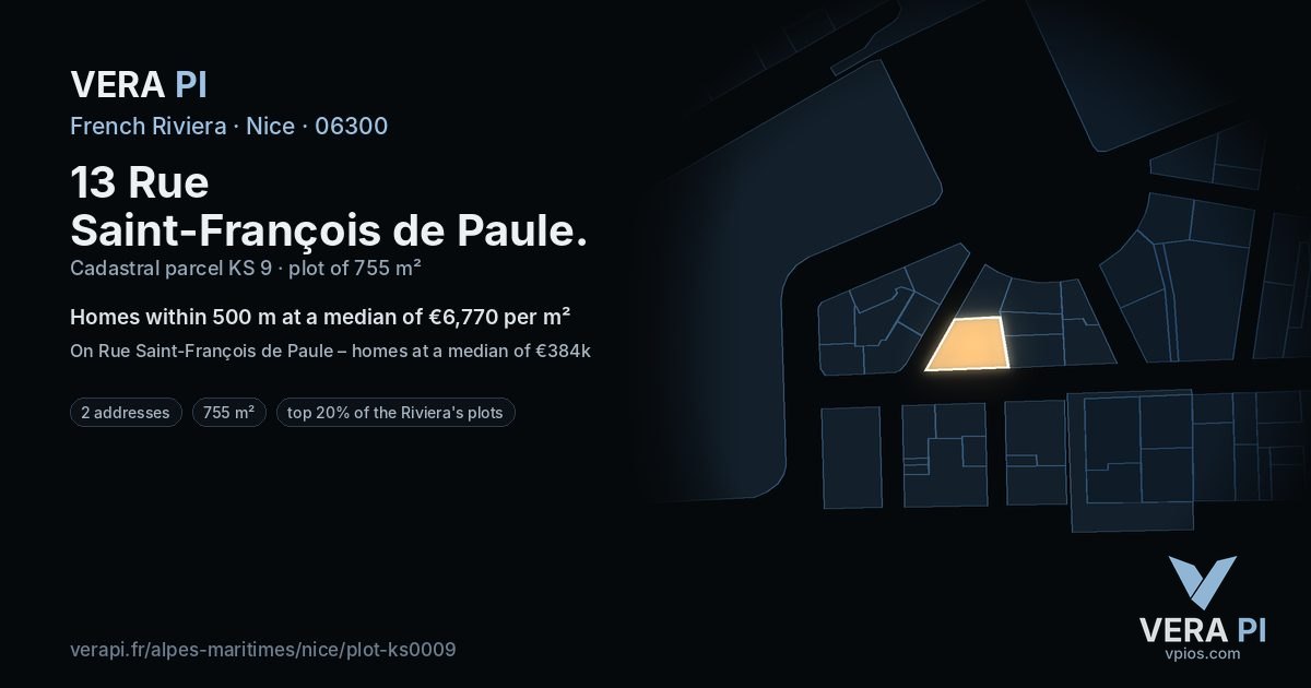 13 Rue Saint-François de Paule, Nice at night – the plot lit, the parcels around coloured by the prices near them