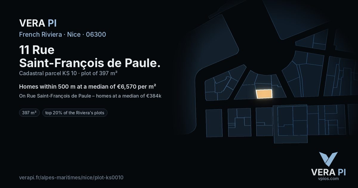 11 Rue Saint-François de Paule, Nice at night – the plot lit, the parcels around coloured by the prices near them