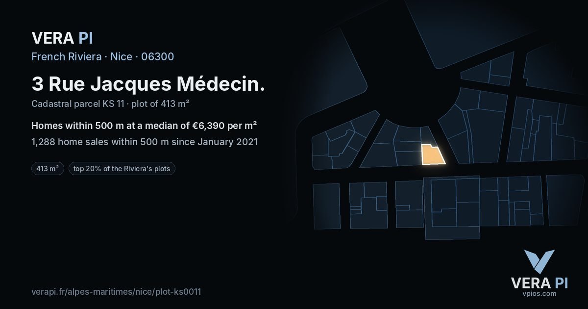 3 Rue Jacques Médecin, Nice at night – the plot lit, the parcels around coloured by the prices near them