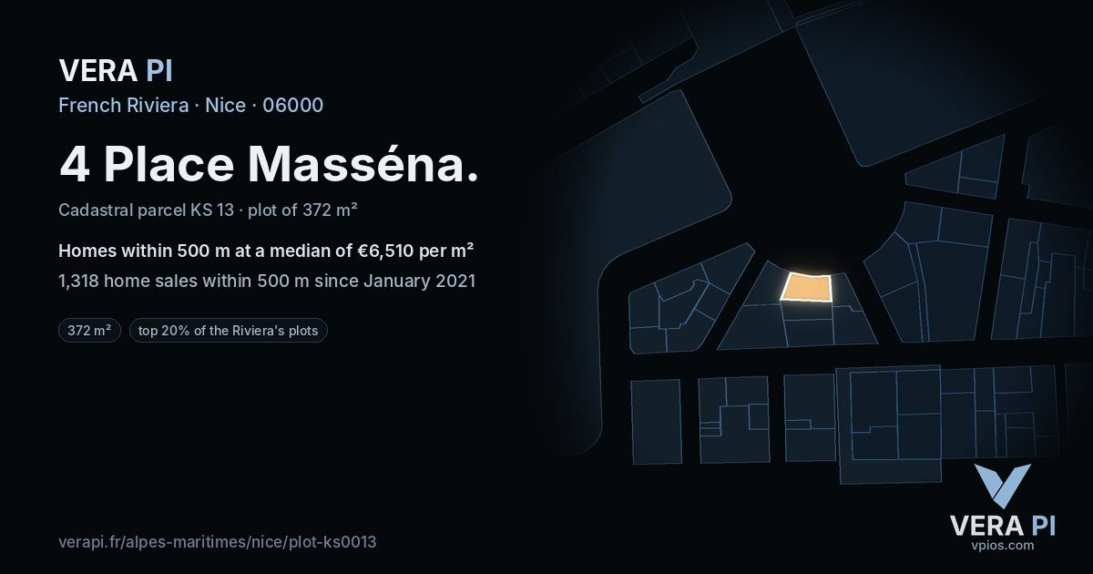 4 Place Masséna, Nice at night – the plot lit, the parcels around coloured by the prices near them