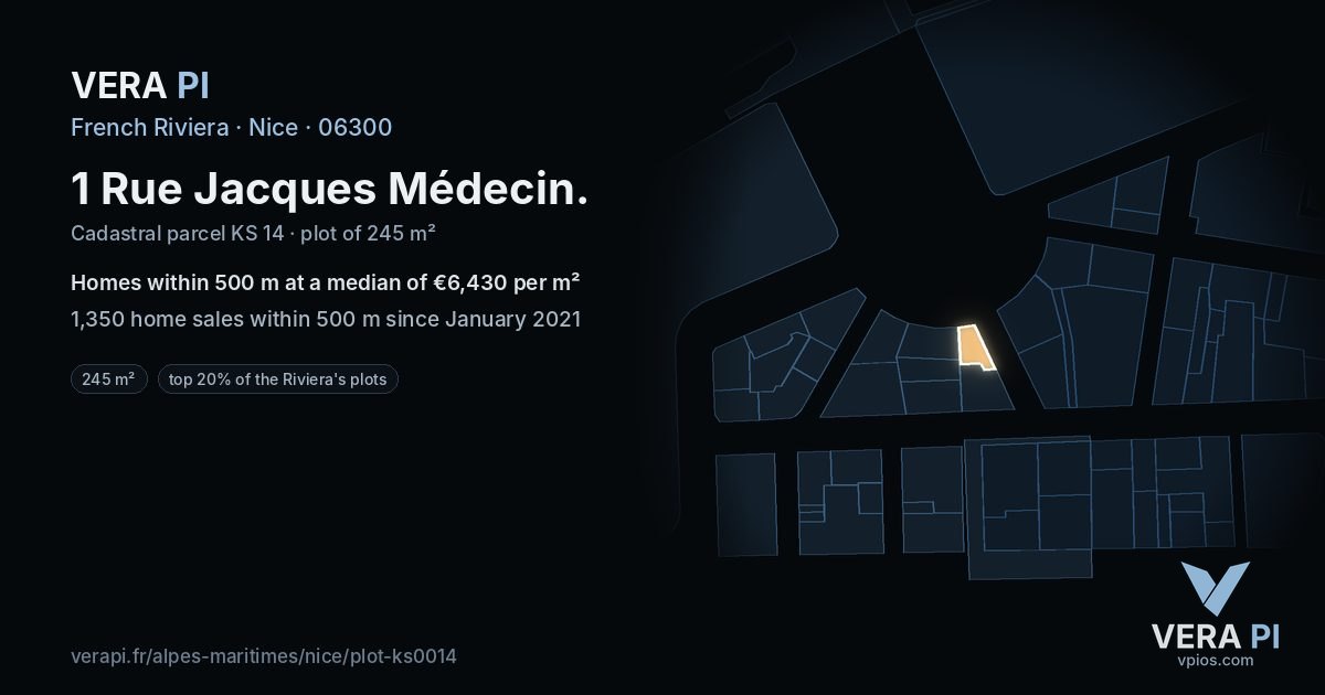 1 Rue Jacques Médecin, Nice at night – the plot lit, the parcels around coloured by the prices near them