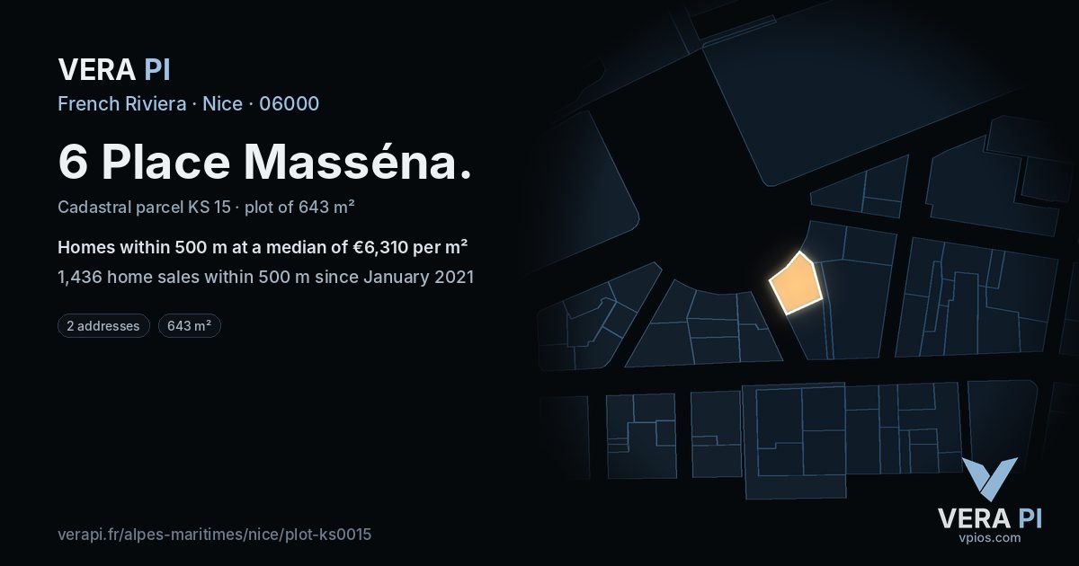 6 Place Masséna, Nice at night – the plot lit, the parcels around coloured by the prices near them
