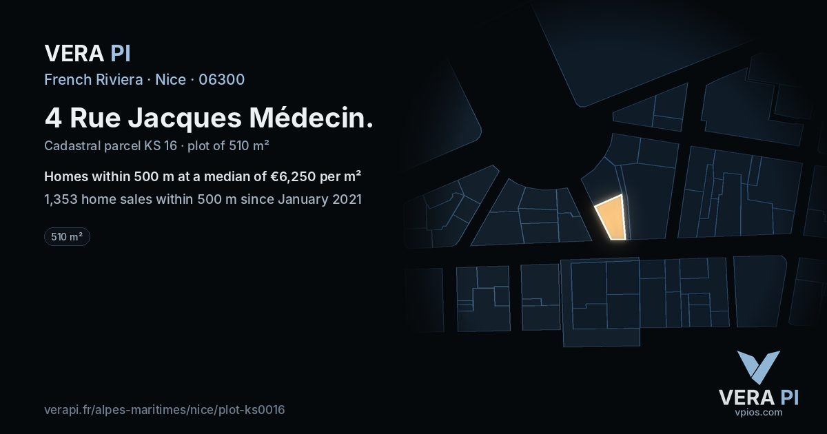 4 Rue Jacques Médecin, Nice at night – the plot lit, the parcels around coloured by the prices near them