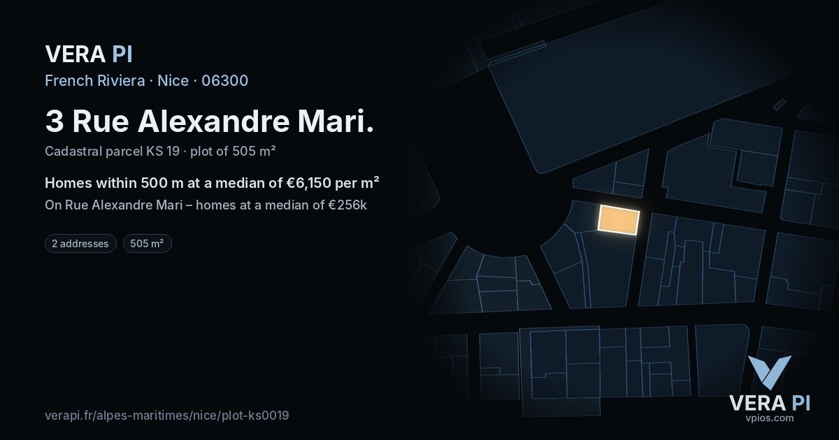 3 Rue Alexandre Mari, Nice at night – the plot lit, the parcels around coloured by the prices near them