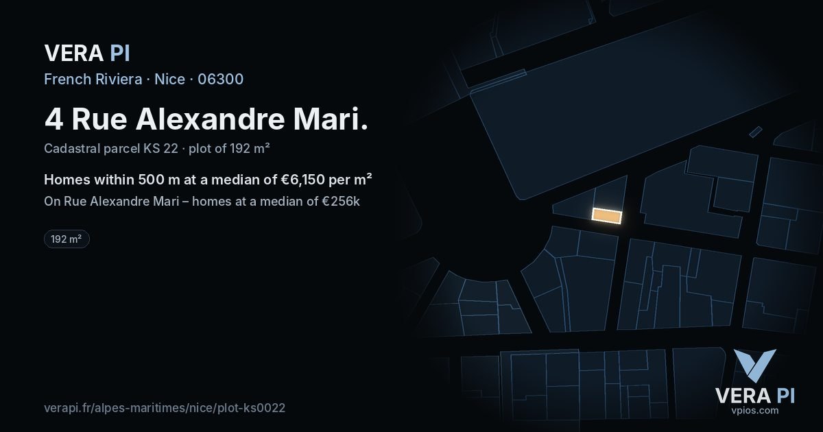 4 Rue Alexandre Mari, Nice at night – the plot lit, the parcels around coloured by the prices near them