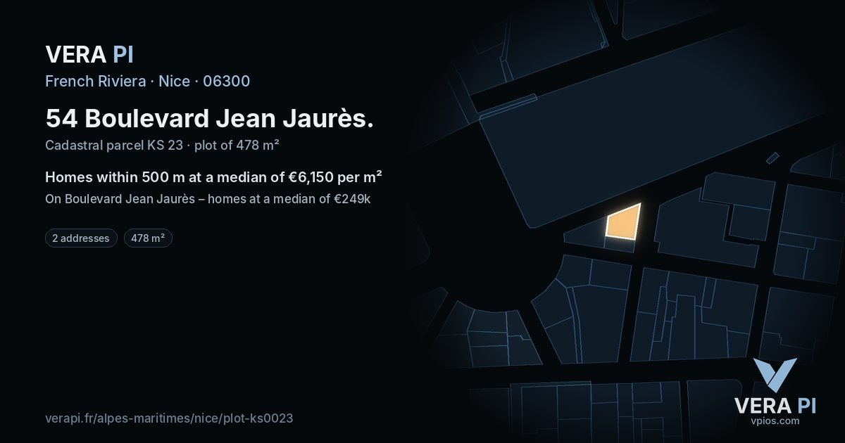 54 Boulevard Jean Jaurès, Nice at night – the plot lit, the parcels around coloured by the prices near them