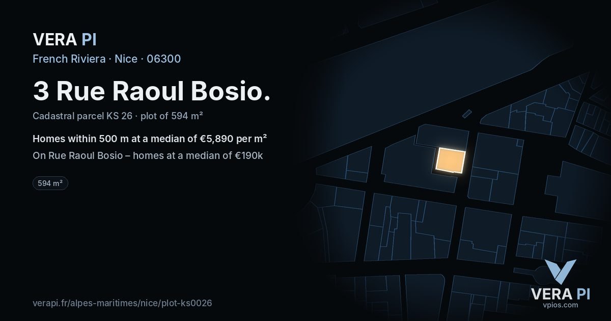 3 Rue Raoul Bosio, Nice at night – the plot lit, the parcels around coloured by the prices near them