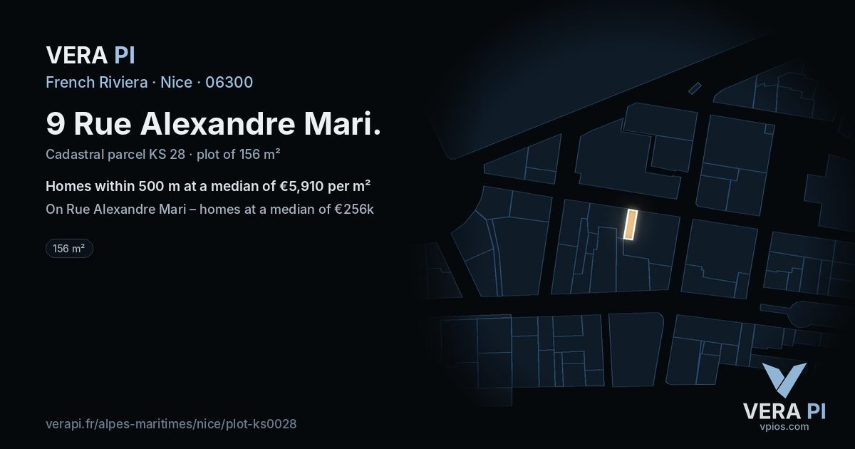 9 Rue Alexandre Mari, Nice at night – the plot lit, the parcels around coloured by the prices near them