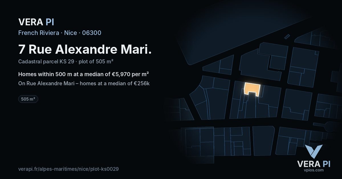 7 Rue Alexandre Mari, Nice at night – the plot lit, the parcels around coloured by the prices near them