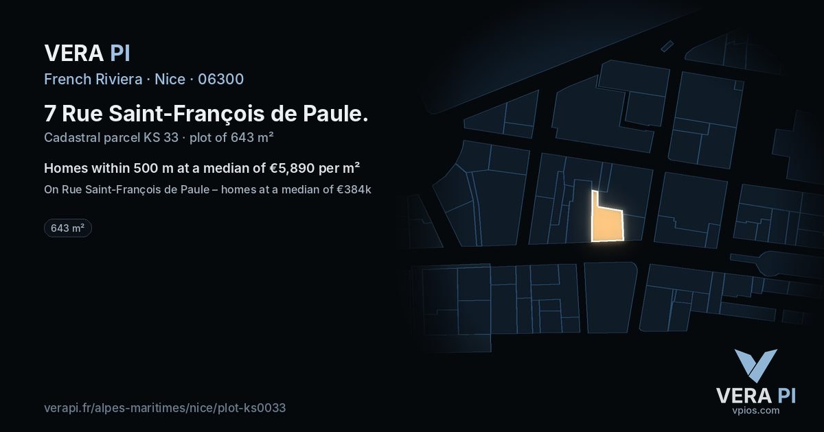 7 Rue Saint-François de Paule, Nice at night – the plot lit, the parcels around coloured by the prices near them