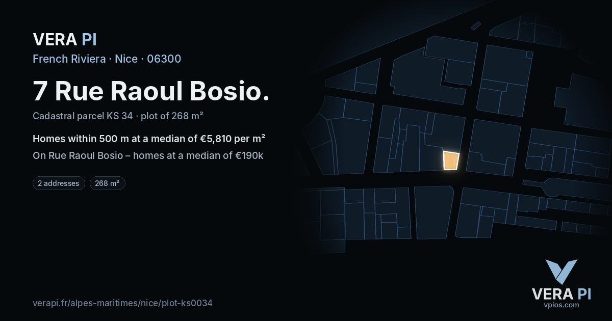 7 Rue Raoul Bosio, Nice at night – the plot lit, the parcels around coloured by the prices near them