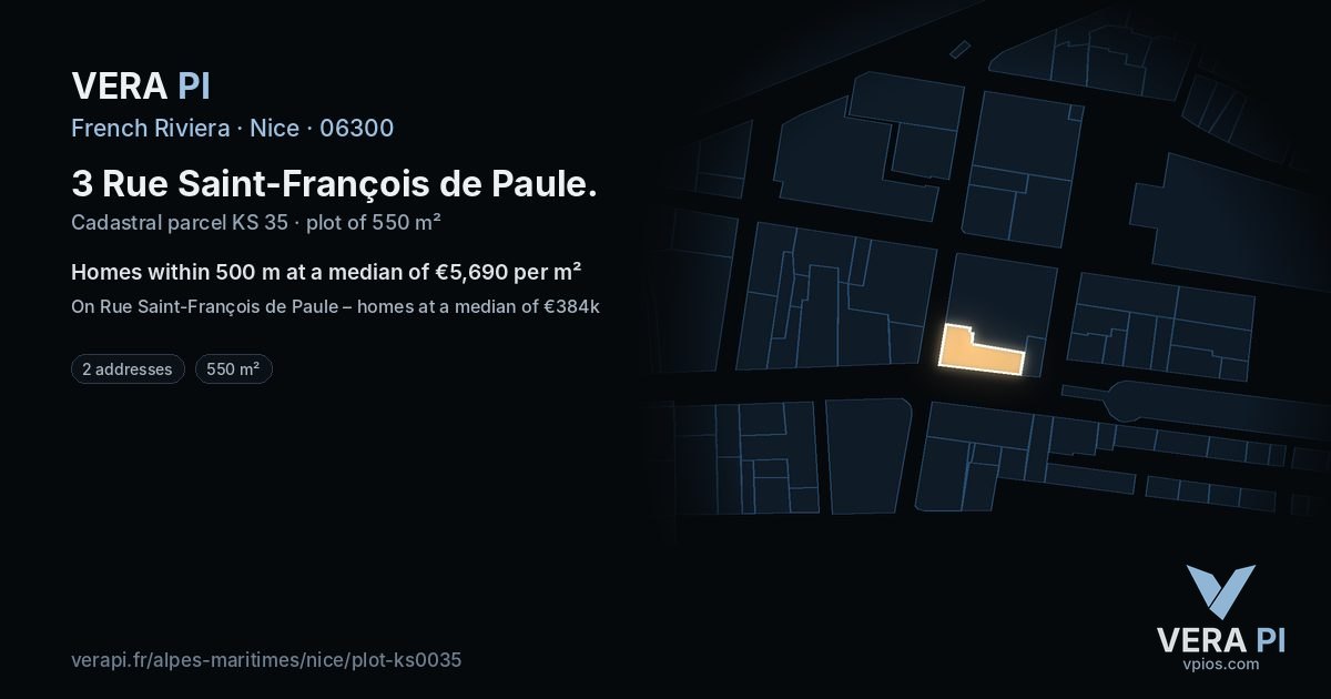 3 Rue Saint-François de Paule, Nice at night – the plot lit, the parcels around coloured by the prices near them