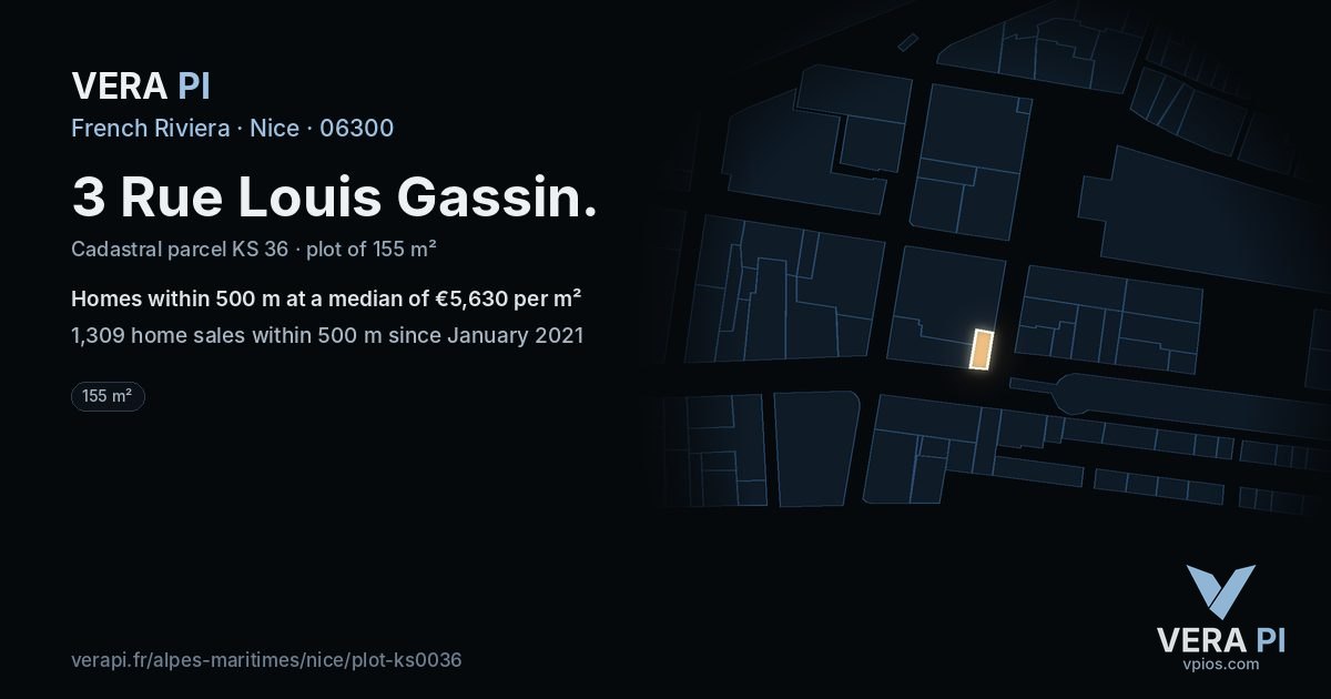 3 Rue Louis Gassin, Nice at night – the plot lit, the parcels around coloured by the prices near them