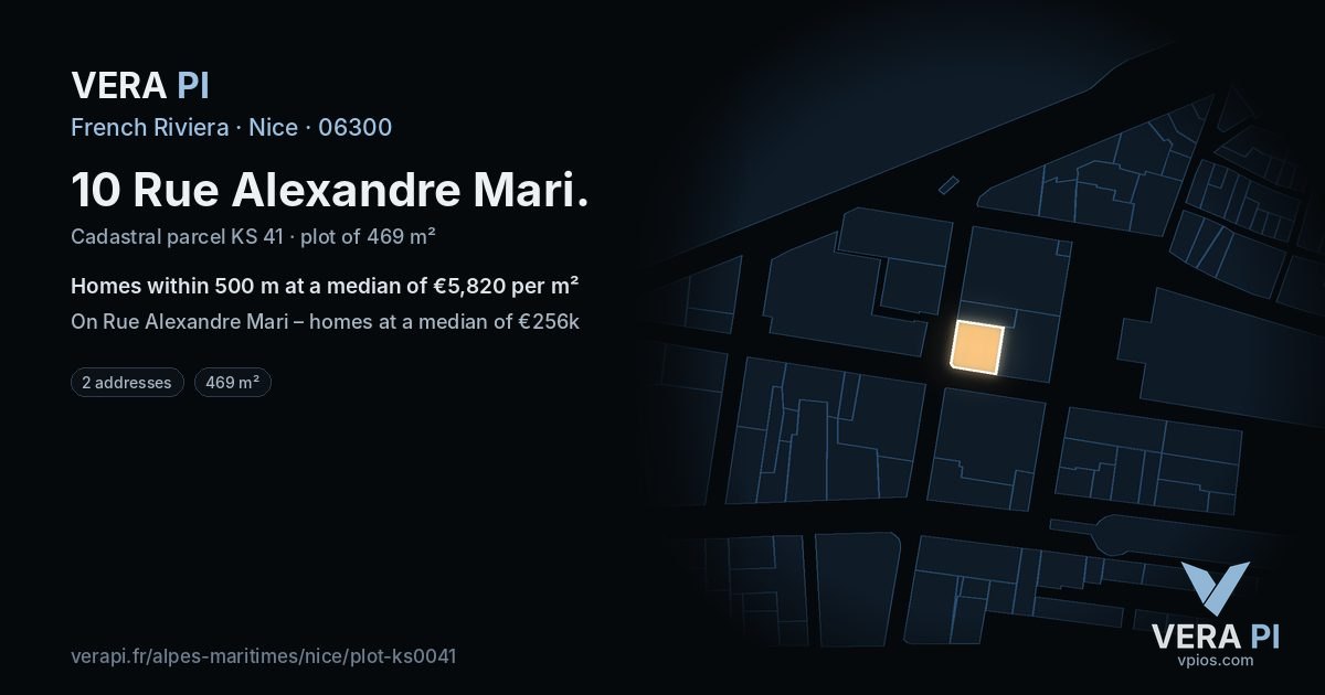 10 Rue Alexandre Mari, Nice at night – the plot lit, the parcels around coloured by the prices near them