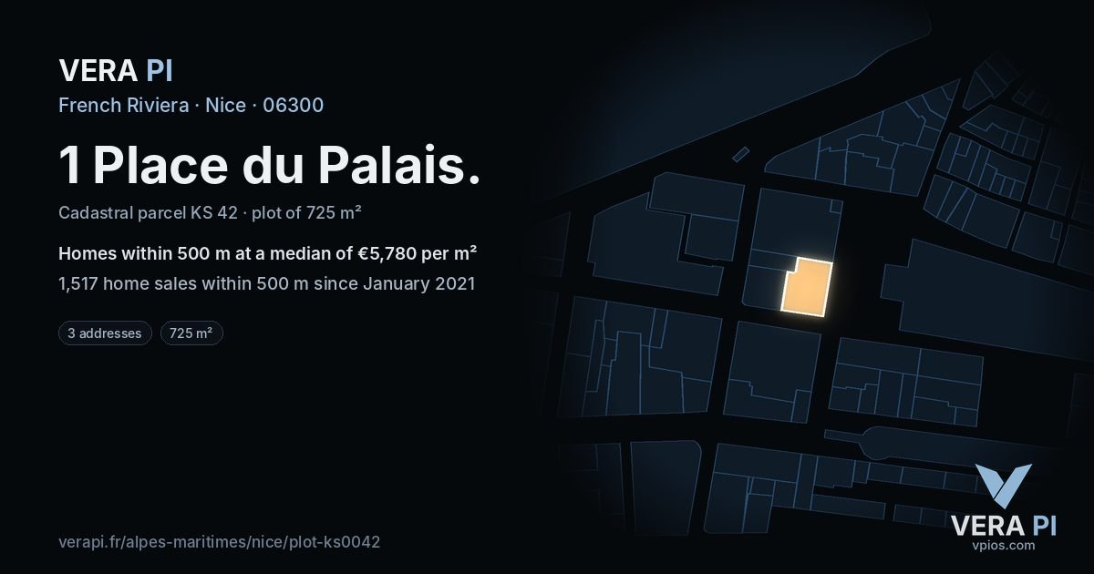 1 Place du Palais, Nice at night – the plot lit, the parcels around coloured by the prices near them