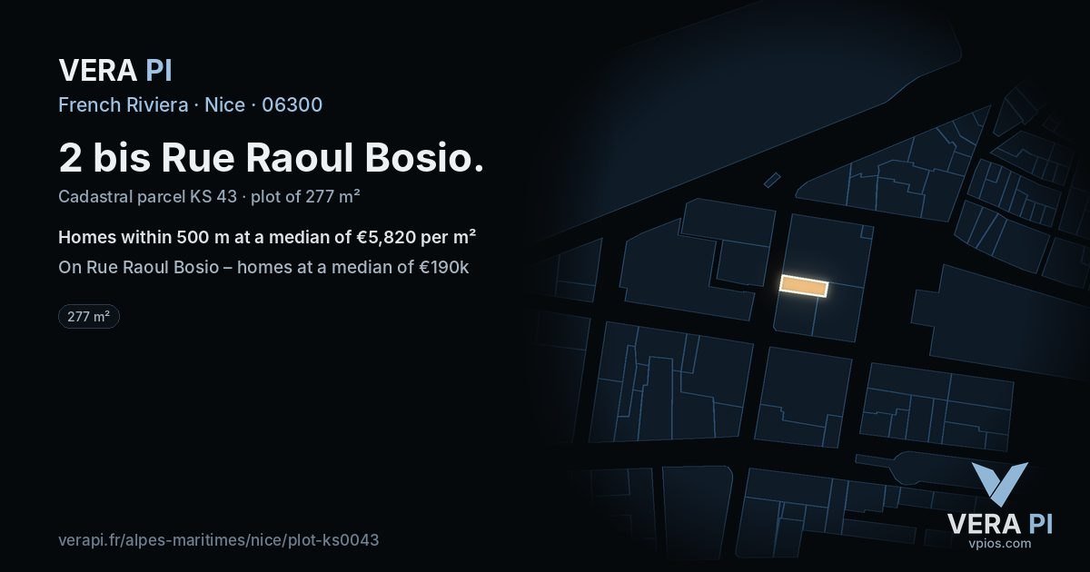 2 bis Rue Raoul Bosio, Nice at night – the plot lit, the parcels around coloured by the prices near them
