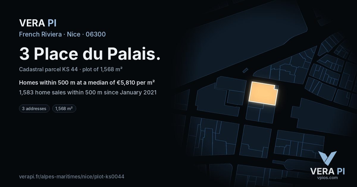 3 Place du Palais, Nice at night – the plot lit, the parcels around coloured by the prices near them